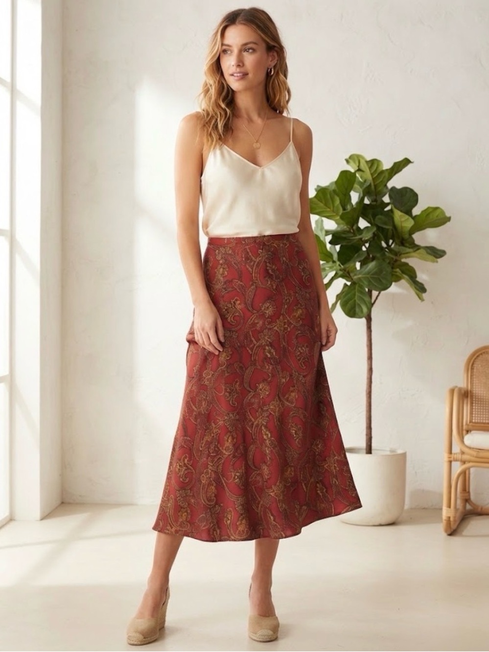 Vintage Jones New York 100% Silk Red Paisley Midi Skirt - Boho Chic